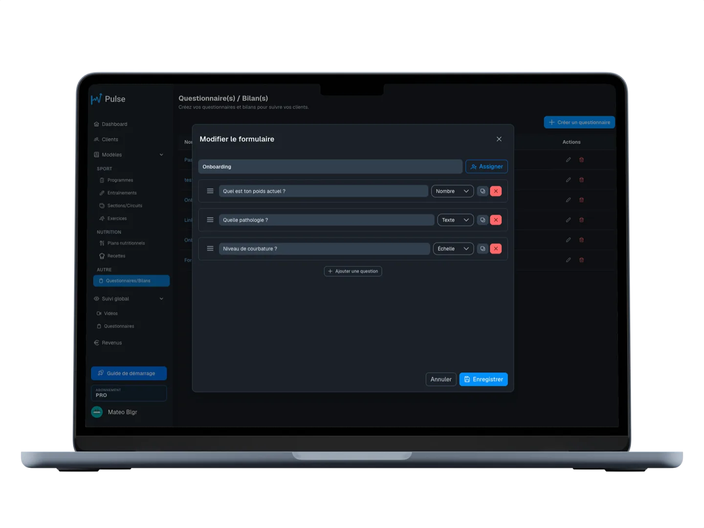Aperçu Pulse Coach — Questionnaires